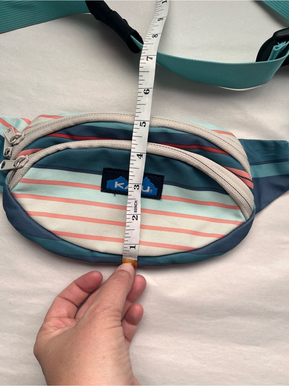 KAVU Striped Fanny Pack Belt Bag in Teal and Coral - Picture 9 of 9